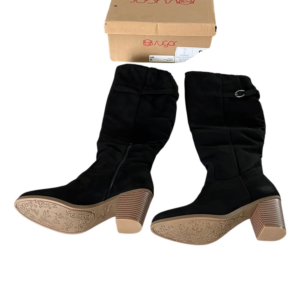 New in Box Sugar Winkie Black Faux Suede Tall Boots Size 9 Heeled 3" Sherpa Top